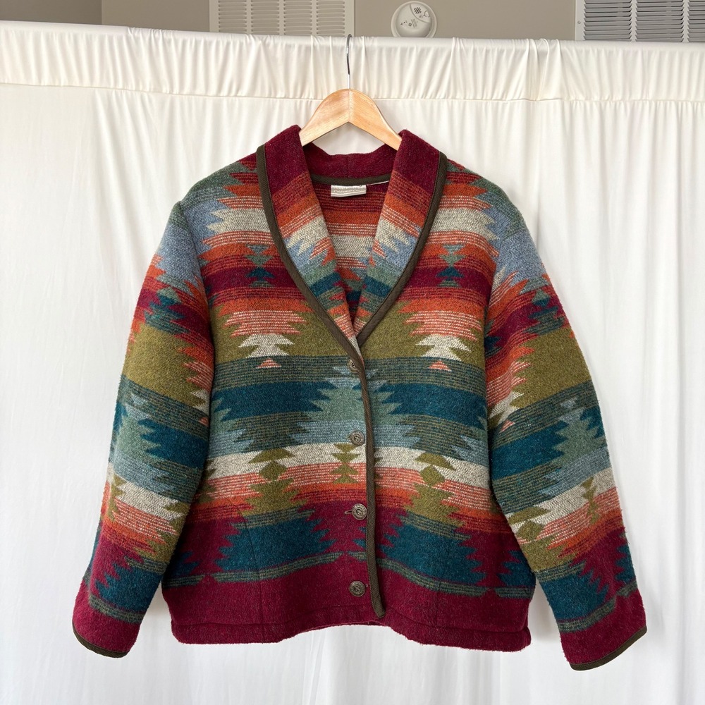 90s Vintage Coldwater Creek Blanket Jacket L Southwestern Mountain Print Cozy